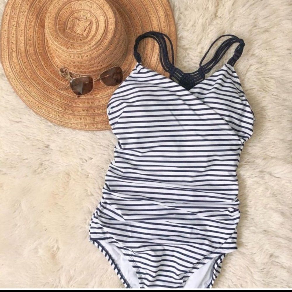 Kona Sol Navy White Stripe One-Piece Swimsuit XL